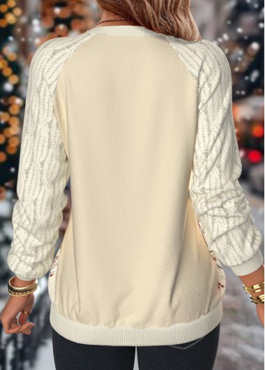 Beige tops,Christmas tops,Plants tops,Animal Print tops,ROTITA Christmas Patchwork Beige Round Neck Long Sleeve Sweatshirt