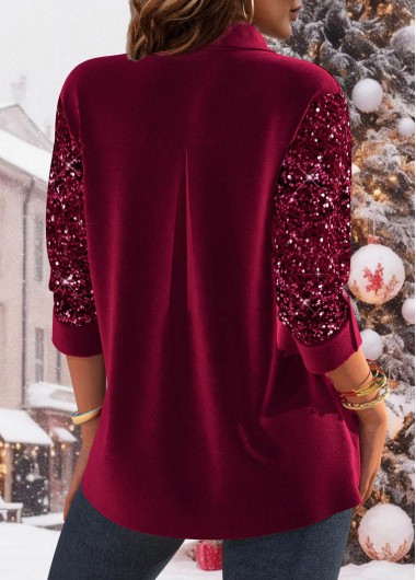 Wine Red tops,Plain Color tops,ROTITA Velvet Sequin Wine Red Long Sleeve Shirt
