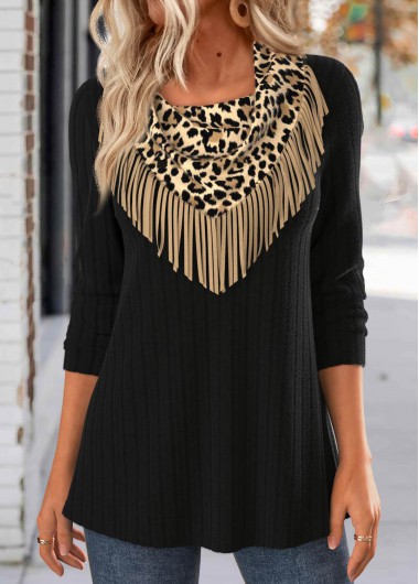 Black tops,Leopard tops,ROTITA Tassel Leopard Black Long Sleeve T Shirt