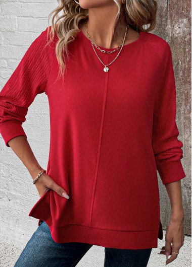 Red tops,Plain Color tops,ROTITA Patchwork Red Round Neck Long Sleeve Sweatshirt