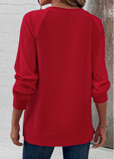 Red tops,Plain Color tops,ROTITA Patchwork Red Round Neck Long Sleeve Sweatshirt