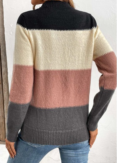Dusty Pink tops,Contrast Color tops,Patchwork Dusty Pink Stand Collar Long Sleeve Sweater