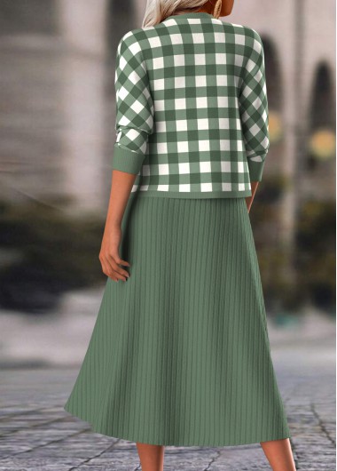 Sage Green dresses,Plaid dresses,Everyday dresses,Casual dresses,ROTITA Two Piece Plaid Sage Green Dress and Cardigan