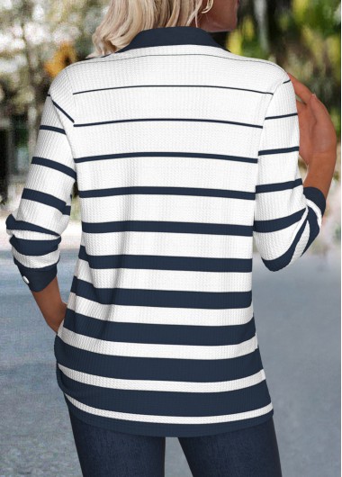 Navy tops,Striped tops,Geometric tops,ROTITA Button Striped Navy Long Sleeve Shirt