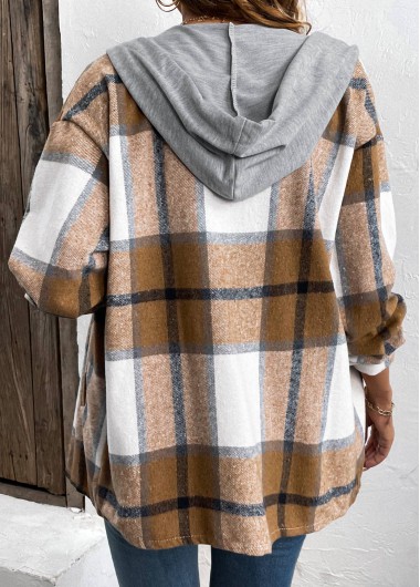 Dark Coffee tops,Geometric tops,Plaid tops,ROTITA Drawstring Plaid Dark Coffee Hooded Long Sleeve Shirt