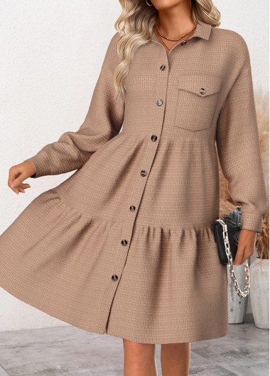 Dark Camel dresses,Plain Color dresses,Everyday dresses,Casual dresses,ROTITA Patchwork Dark Camel Shirt Collar Long Sleeve Dress