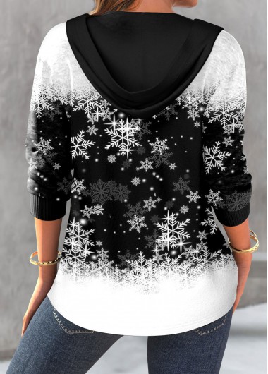 Black tops,Christmas tops,Ombre tops,ROTITA Christmas Drawstring Snowflake Print Black Long Sleeve Hoodie