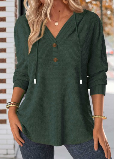 Blackish Green tops,Plain Color tops,ROTITA Button Blackish Green Long Sleeve Hoodie