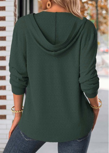 Blackish Green tops,Plain Color tops,ROTITA Button Blackish Green Long Sleeve Hoodie