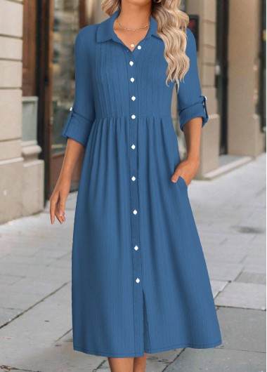 Denim Blue dresses,Plain Color dresses,Everyday dresses,Casual dresses,ROTITA Button Denim Blue Shirt Collar Long Sleeve Dress