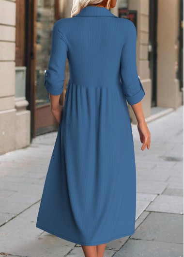 Denim Blue dresses,Plain Color dresses,Everyday dresses,Casual dresses,ROTITA Button Denim Blue Shirt Collar Long Sleeve Dress