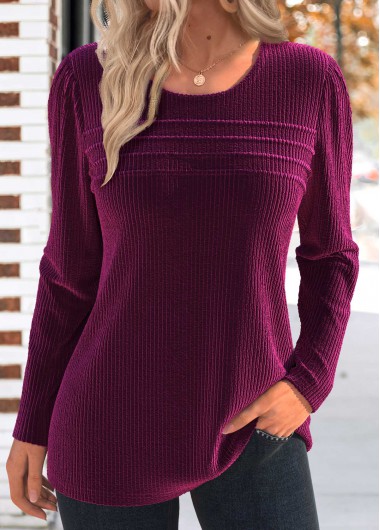 Dark Reddish Purple tops,Plain Color tops,ROTITA Tuck Stitch Dark Reddish Purple Round Neck T Shirt