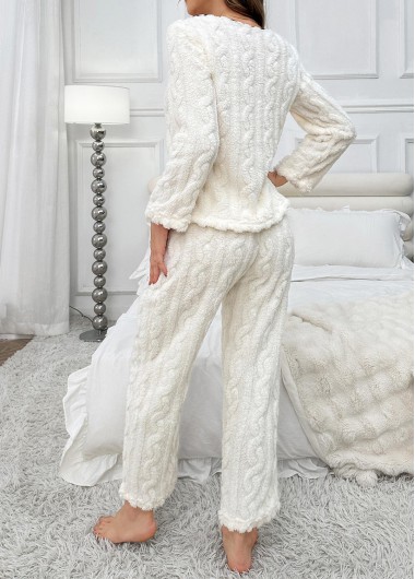 White loungewear,Contrast Color loungewear,White V Neck Long Sleeve Lounge Top and Pants