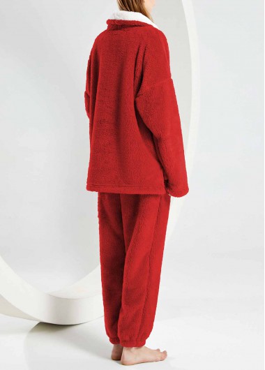 Wine Red loungewear,Contrast Color loungewear,Wine Red Turn Down Collar Top and Pants