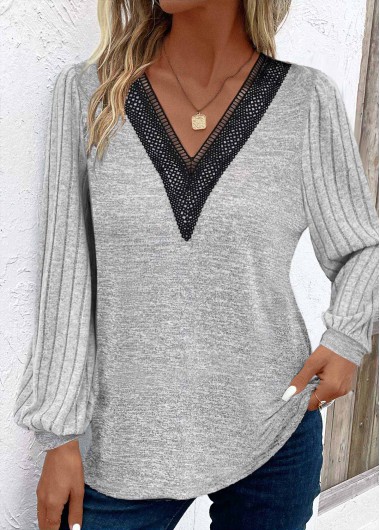 Light Grey tops,Plain Color tops,ROTITA Patchwork Light Grey V Neck Long Sleeve T Shirt
