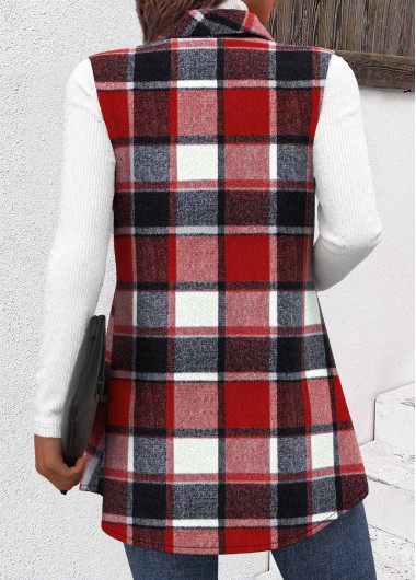 Wine Red tops,Plaid tops,ROTITA Patchwork Plaid Dark Camel Shirt Collar Sleeveless Waistcoat