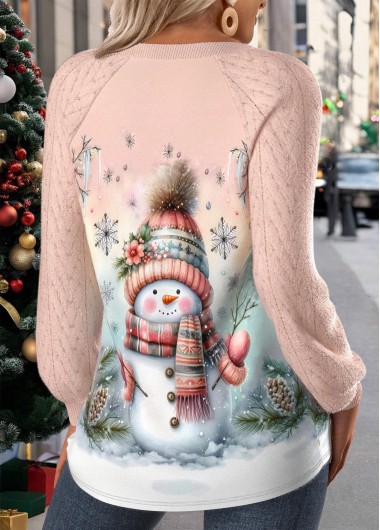 Light Pink tops,Christmas tops,Plants tops,ROTITA Christmas Patchwork Snowman Print Light Pink Round Neck Sweatshirt