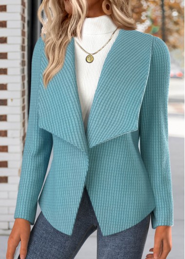 Neon Blue tops,Plain Color tops,ROTITA Textured Fabric Neon Blue Turn Down Collar Coat