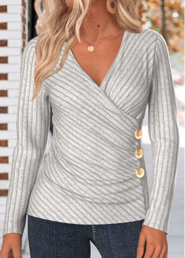 Light Grey tops,Plain Color tops,ROTITA Button Light Grey V Neck Long Sleeve T Shirt