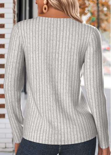 Light Grey tops,Plain Color tops,ROTITA Button Light Grey V Neck Long Sleeve T Shirt