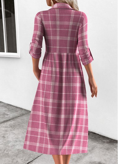 Pink dresses,Plaid dresses,Everyday dresses,Casual dresses,ROTITA Button Plaid Pink Shirt Collar Long Sleeve Dress