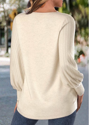 Beige tops,Plain Color tops,ROTITA Embroidery Beige Round Neck Long Sleeve T Shirt