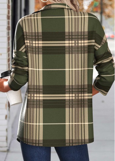 Green tops,Plaid tops,ROTITA Patchwork Plaid Green Turn Down Collar Long Sleeve Coat