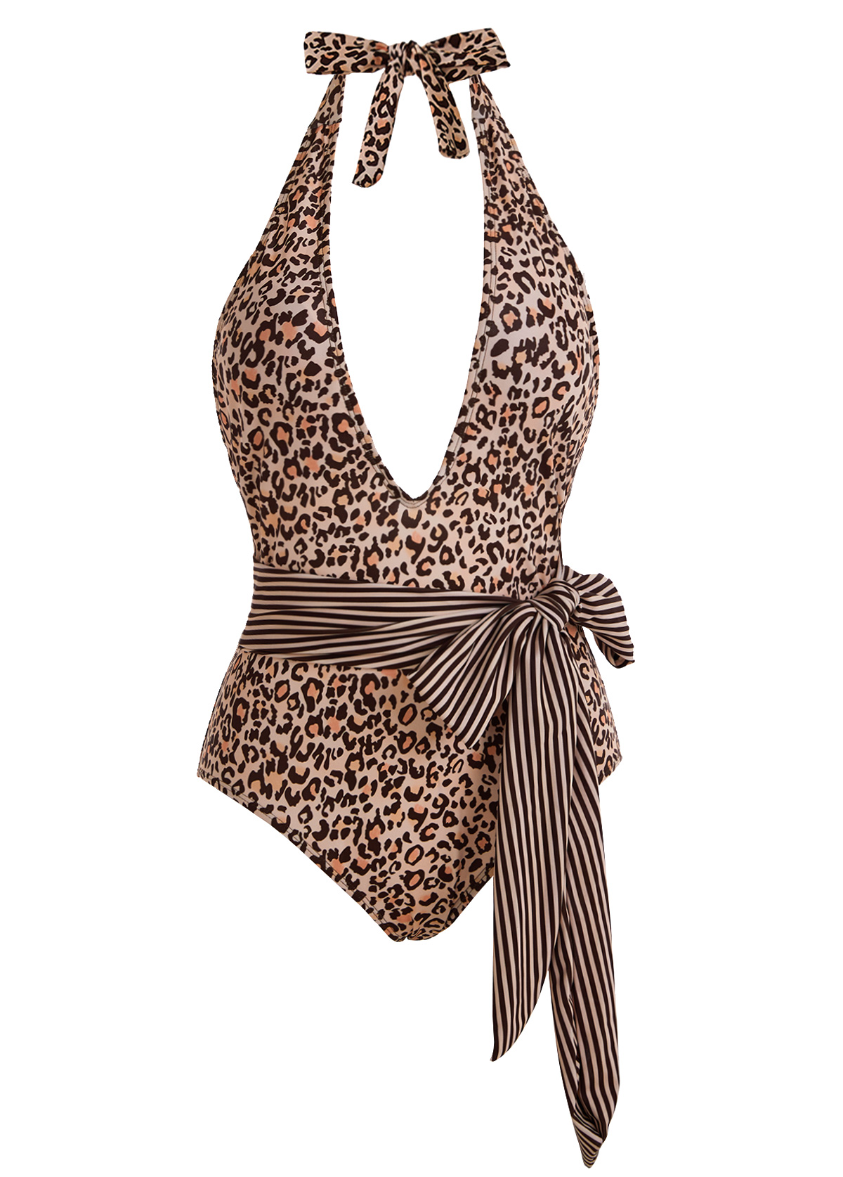 Leopard swimwear,ROTITA Halter Leopard Print Belted One Piece Swimwear