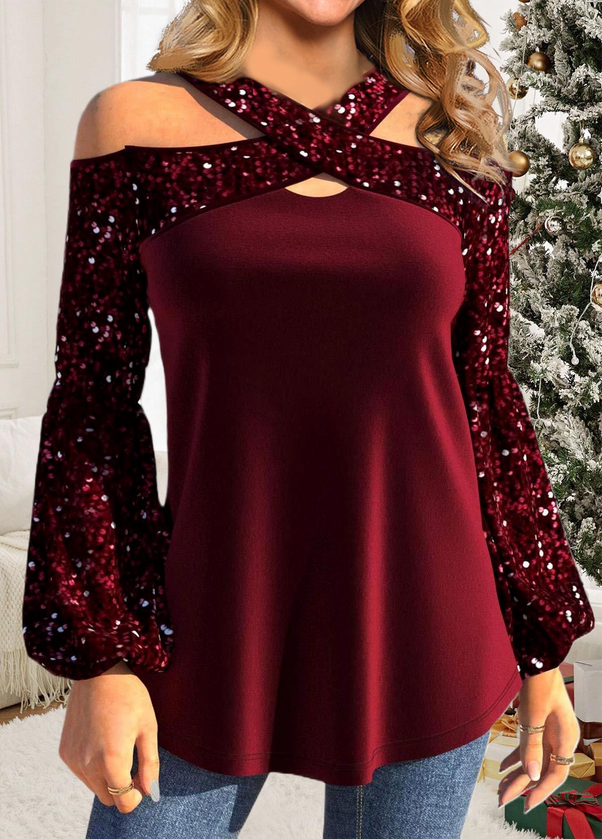 Wine Red plus size,Plain Color plus size,ROTITA Plus Size Sequin Wine Red Cross Collar T Shirt