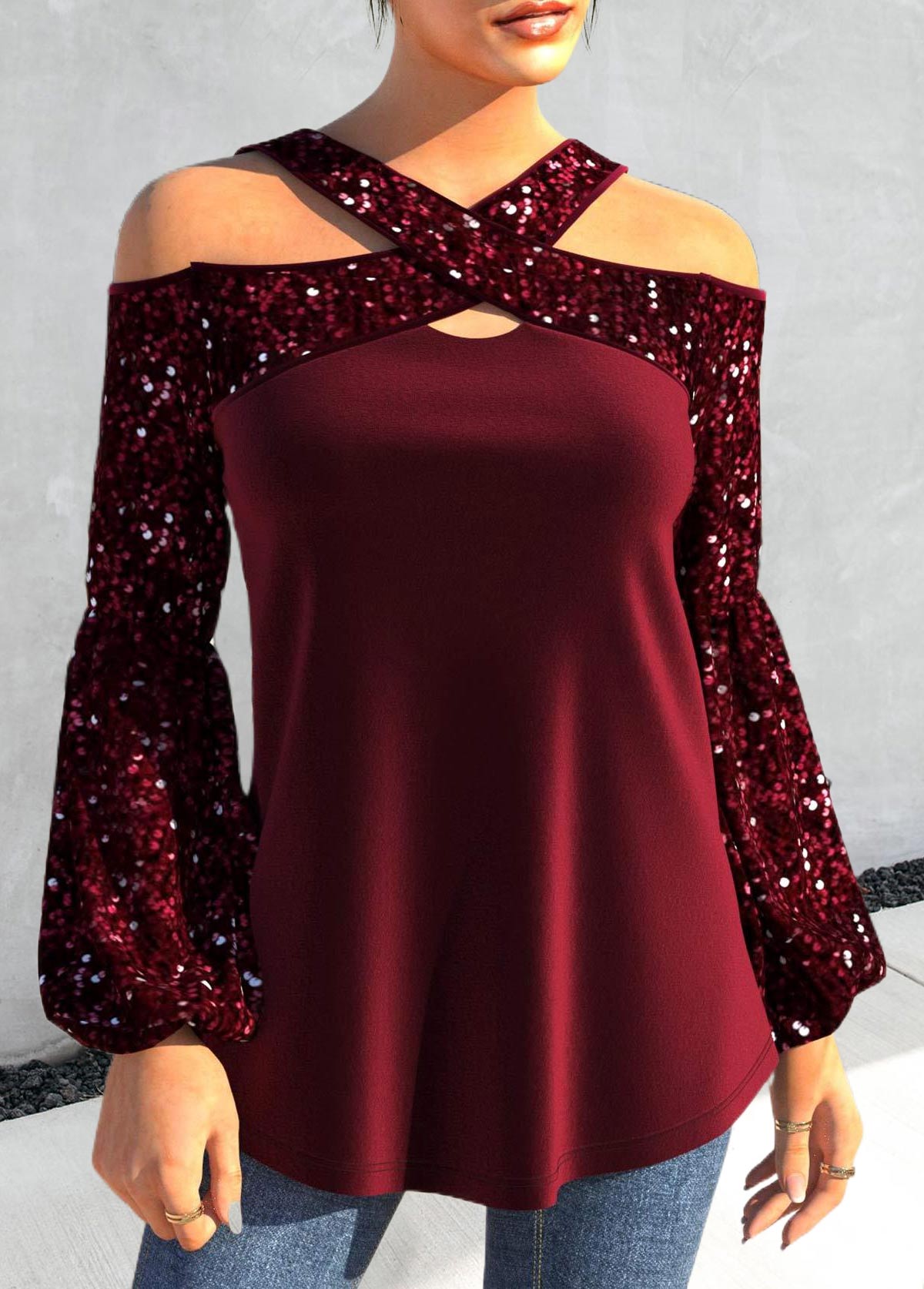 Wine Red plus size,Plain Color plus size,ROTITA Plus Size Sequin Wine Red Cross Collar T Shirt