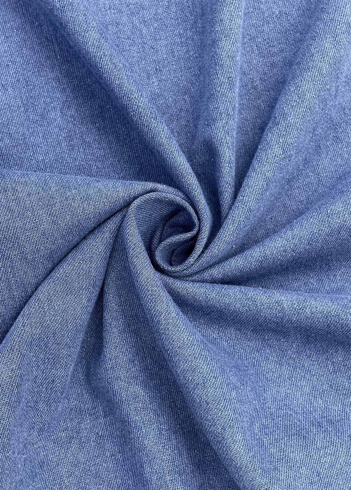 Denim Blue tops,Plain Color tops,ROTITA Button Denim Blue Turn Down Collar Long Sleeve Coat