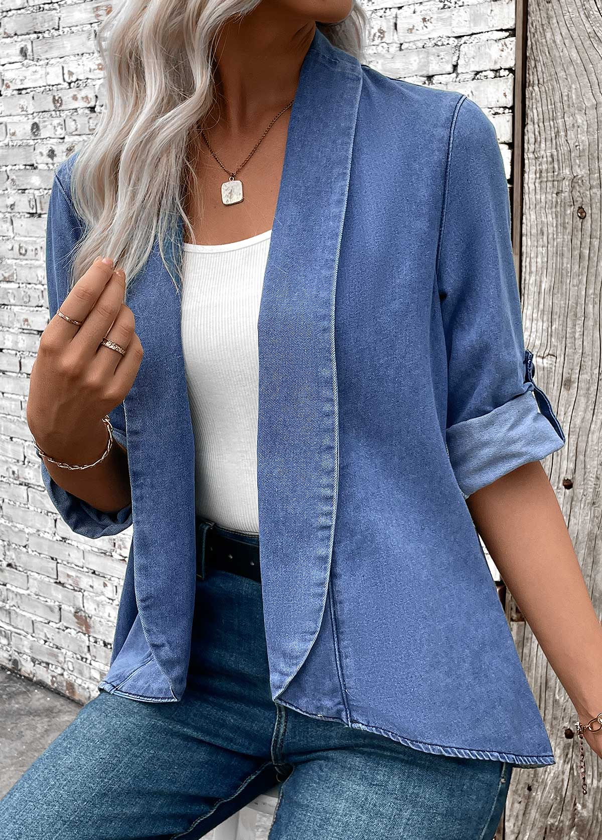Denim Blue tops,Plain Color tops,ROTITA Button Denim Blue Turn Down Collar Long Sleeve Coat