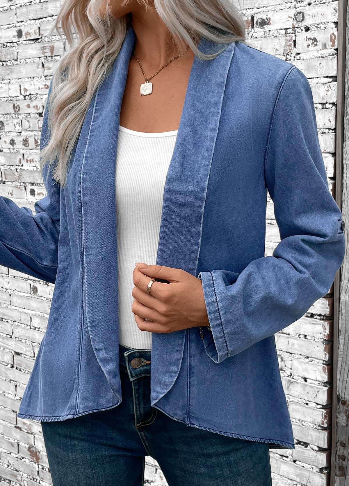 Denim Blue tops,Plain Color tops,ROTITA Button Denim Blue Turn Down Collar Long Sleeve Coat