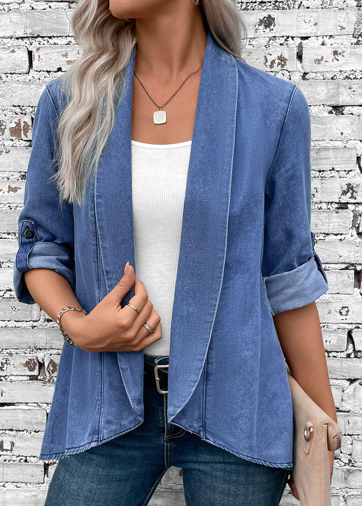 Denim Blue tops,Plain Color tops,ROTITA Button Denim Blue Turn Down Collar Long Sleeve Coat