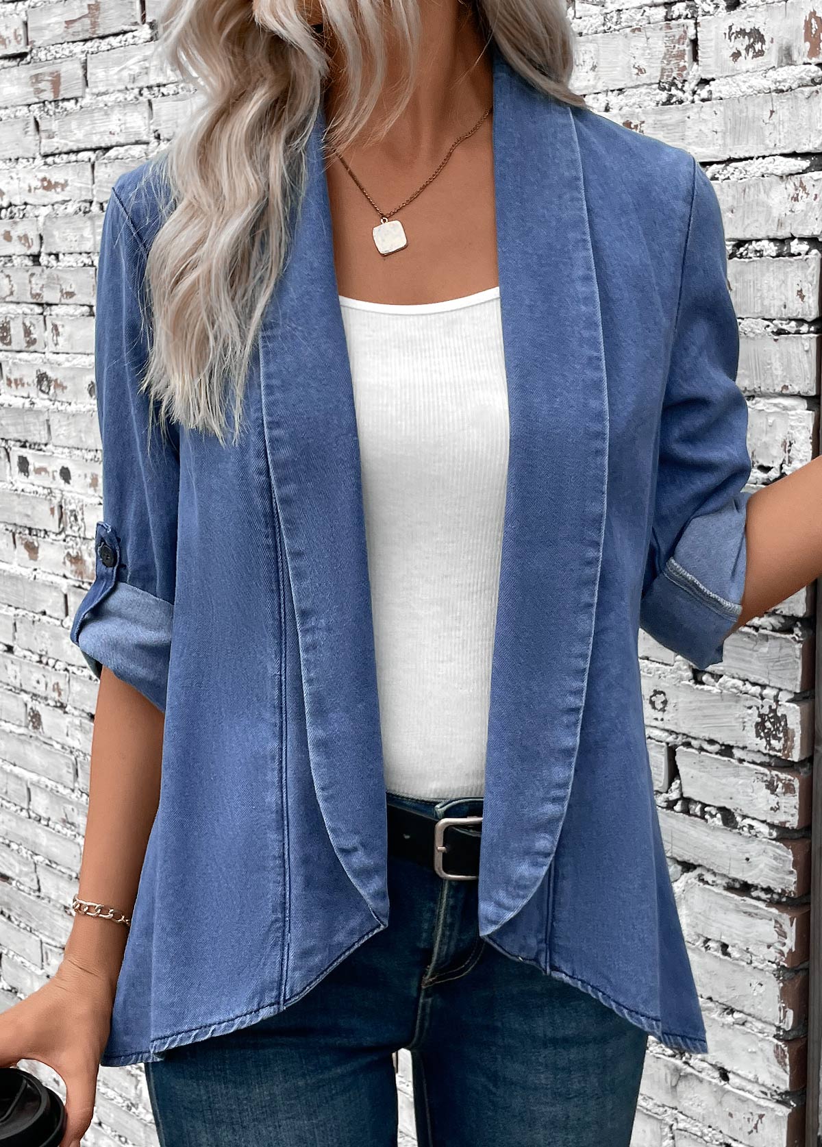Denim Blue tops,Plain Color tops,ROTITA Button Denim Blue Turn Down Collar Long Sleeve Coat