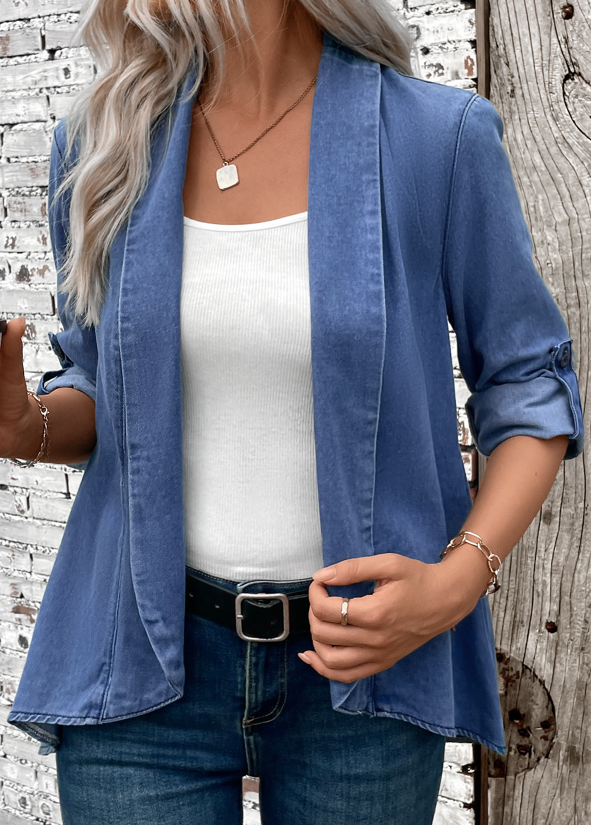 Denim Blue tops,Plain Color tops,ROTITA Button Denim Blue Turn Down Collar Long Sleeve Coat