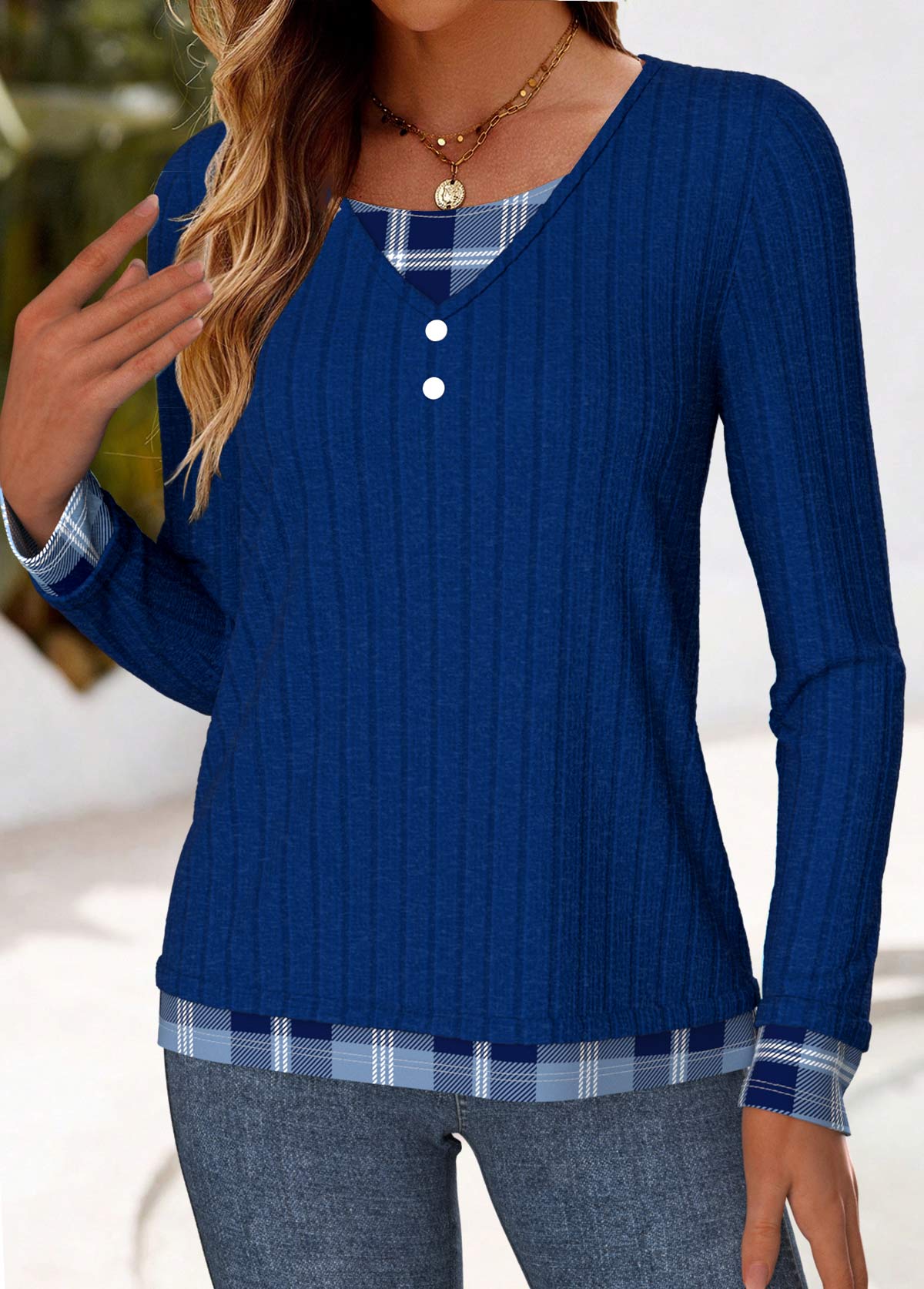 ensemble deux pièces en faux plaid bleu à boutons rotita