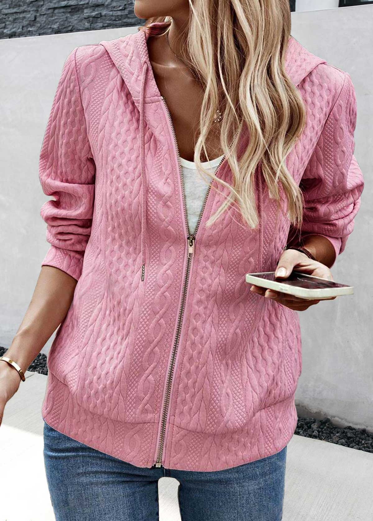 Pink tops,Plain Color tops,ROTITA Jacquard Pink Long Sleeve Zipper Hoodie