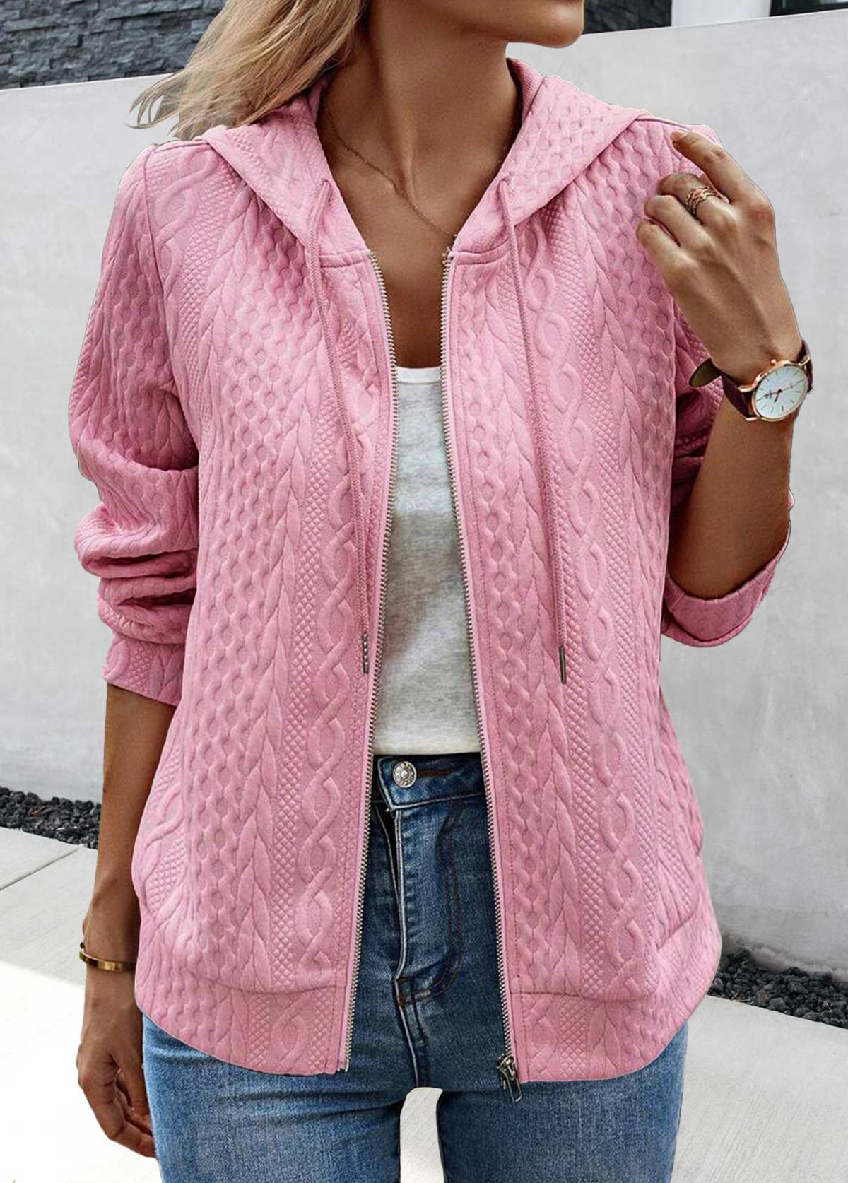 Pink tops,Plain Color tops,ROTITA Jacquard Pink Long Sleeve Zipper Hoodie
