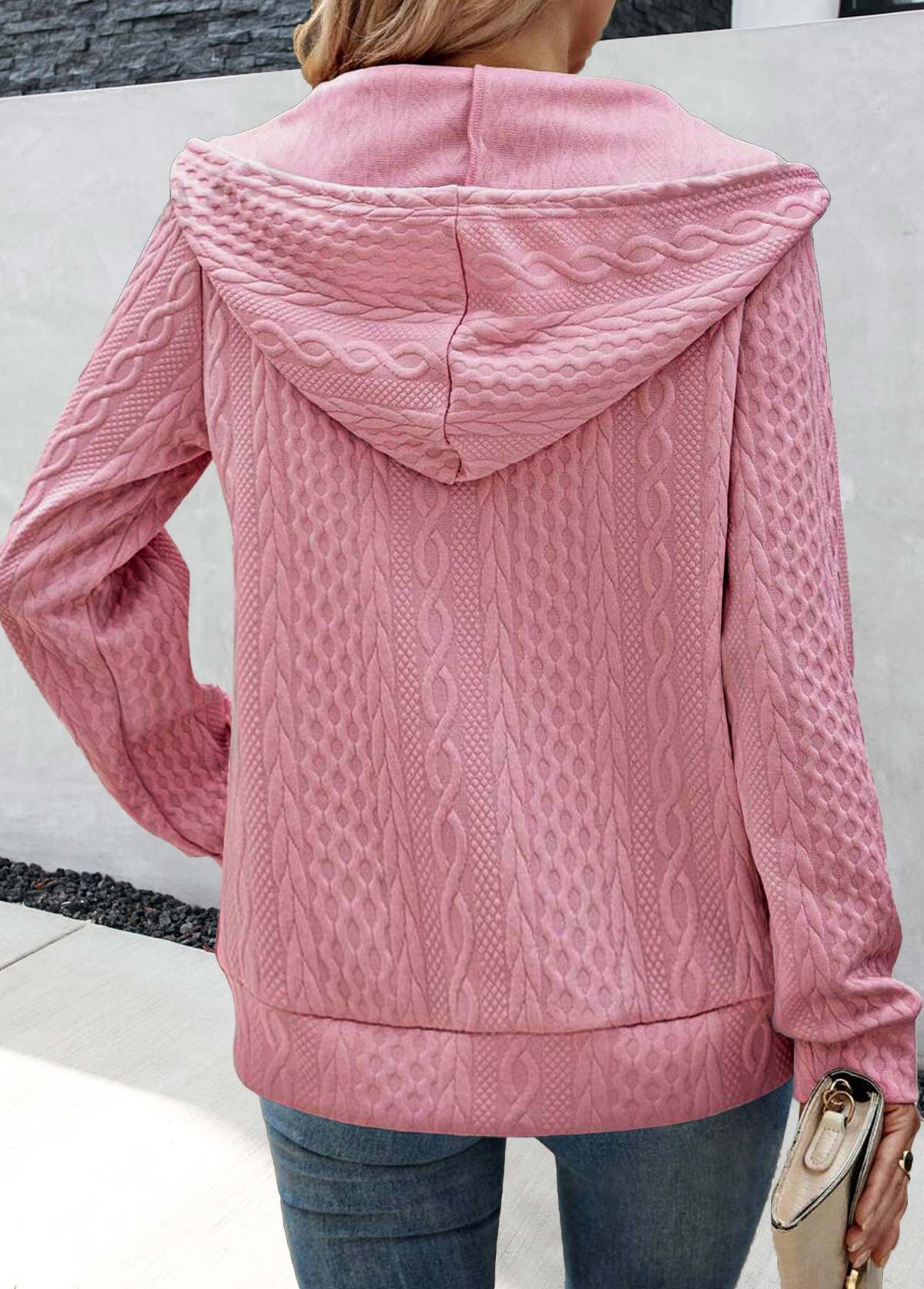 Pink tops,Plain Color tops,ROTITA Jacquard Pink Long Sleeve Zipper Hoodie