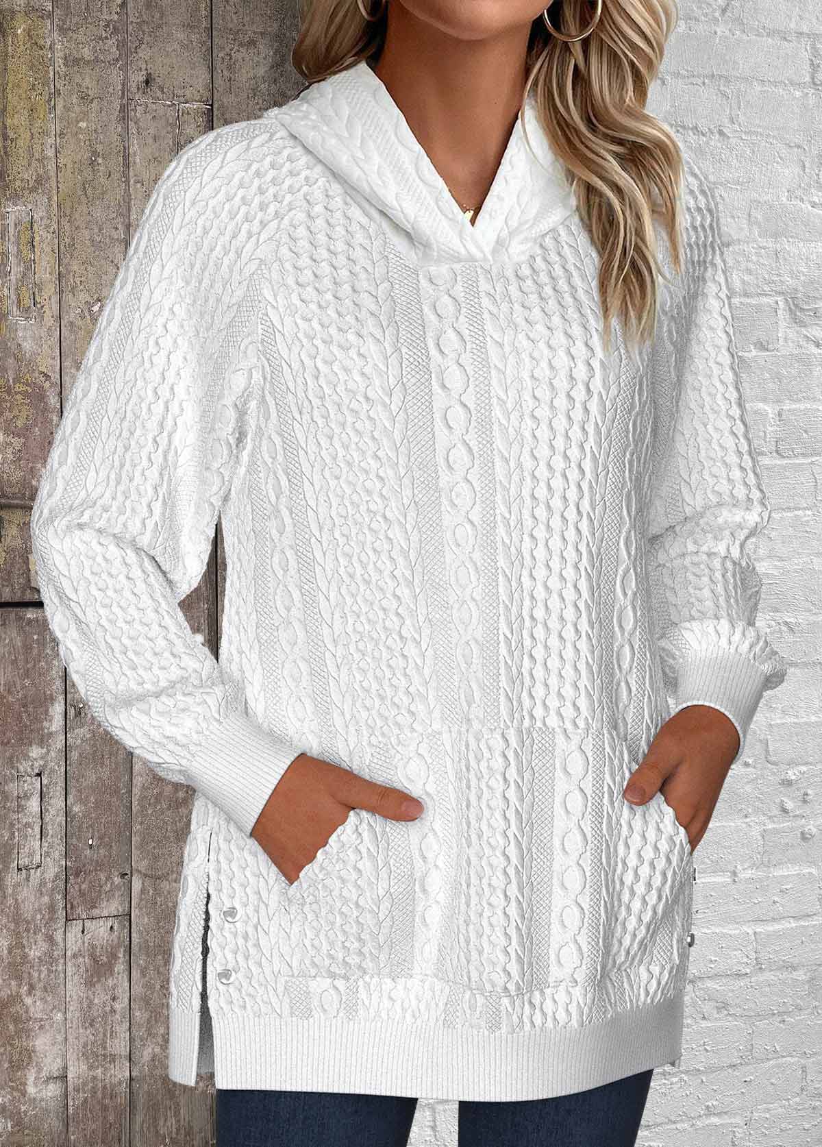 White tops,Plain Color tops,ROTITA Split Pocket White Long Sleeve Hoodie