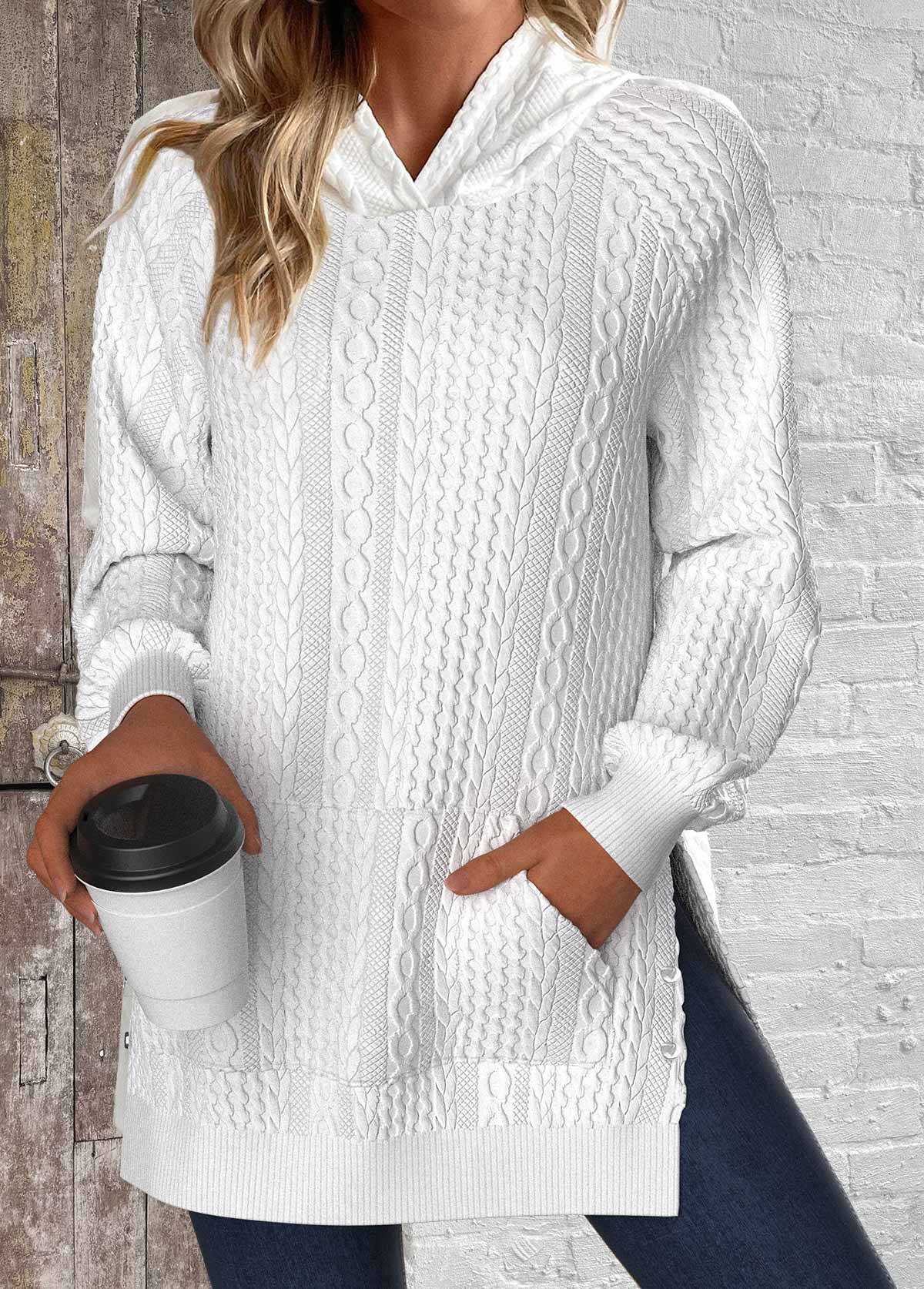 White tops,Plain Color tops,ROTITA Split Pocket White Long Sleeve Hoodie
