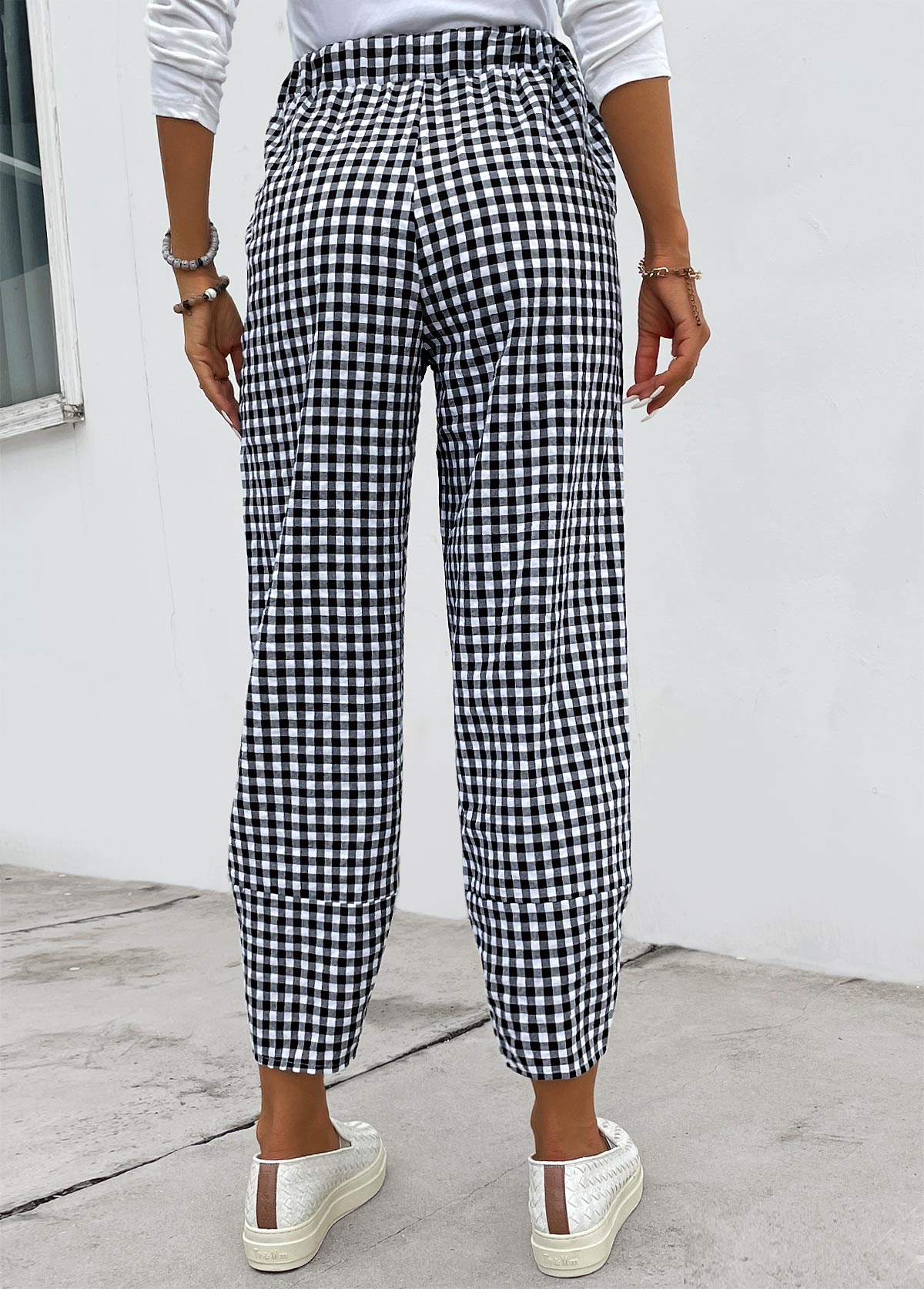 Black bottoms,Plaid bottoms,Plaid Black Elastic Waist High Waisted Pants