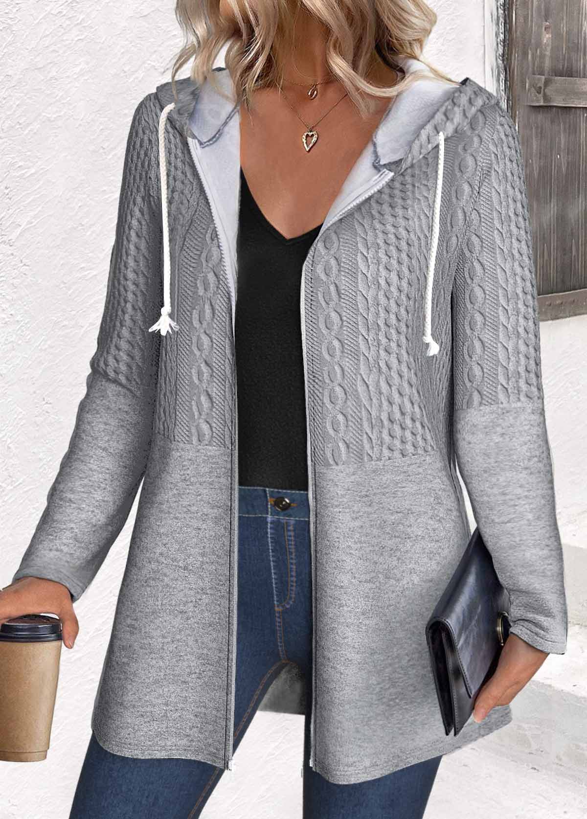 Grey plus size,Plain Color plus size,ROTITA Plus Size Jacquard Grey Hooded Long Sleeve Coat