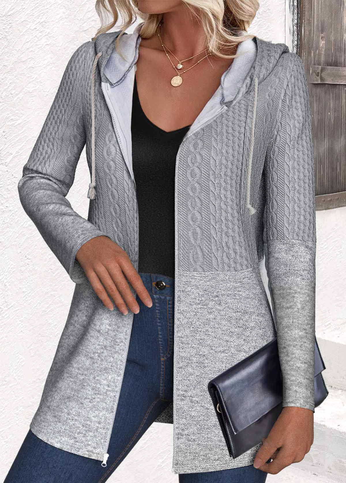 Grey plus size,Plain Color plus size,ROTITA Plus Size Jacquard Grey Hooded Long Sleeve Coat