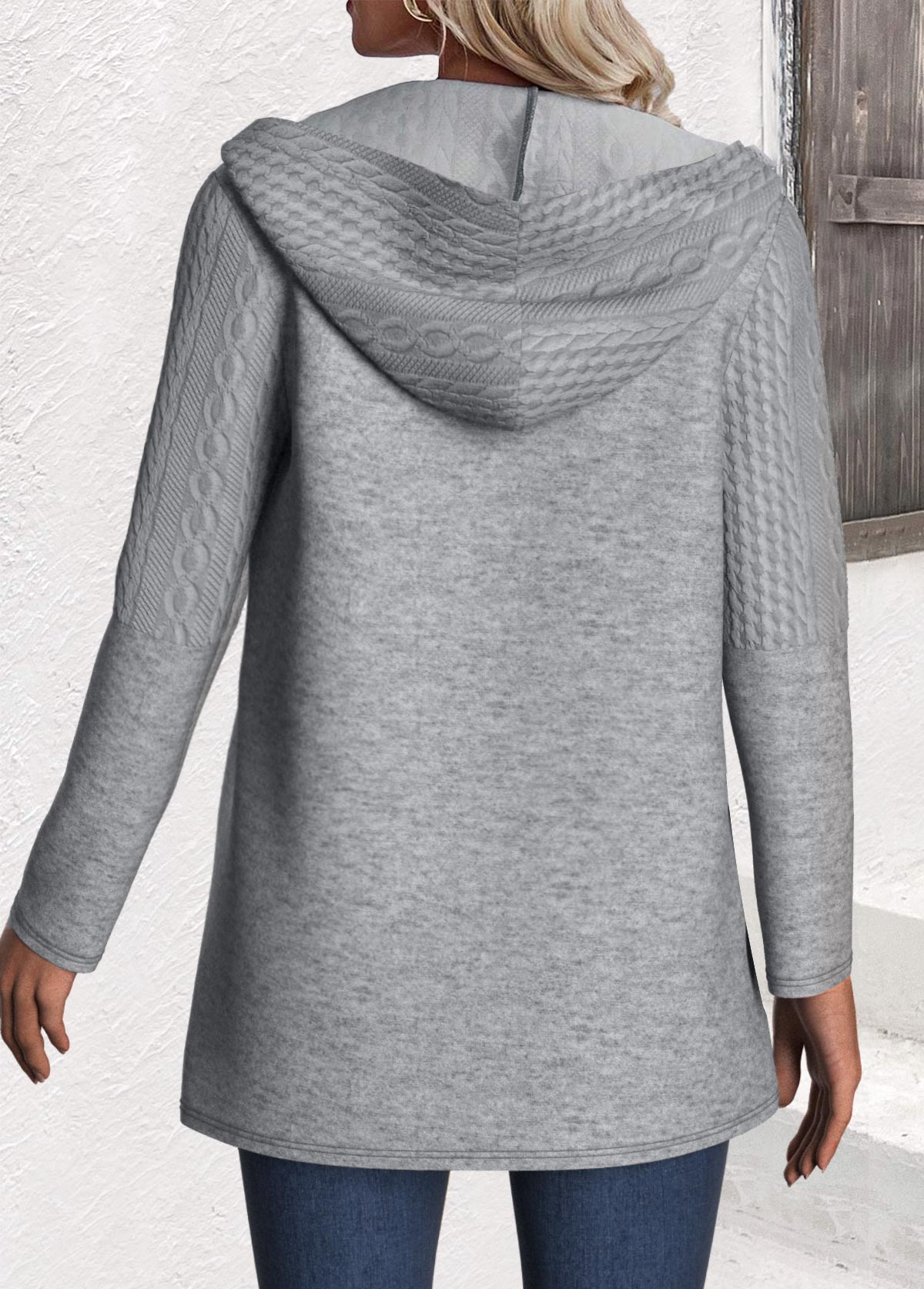 Grey plus size,Plain Color plus size,ROTITA Plus Size Jacquard Grey Hooded Long Sleeve Coat