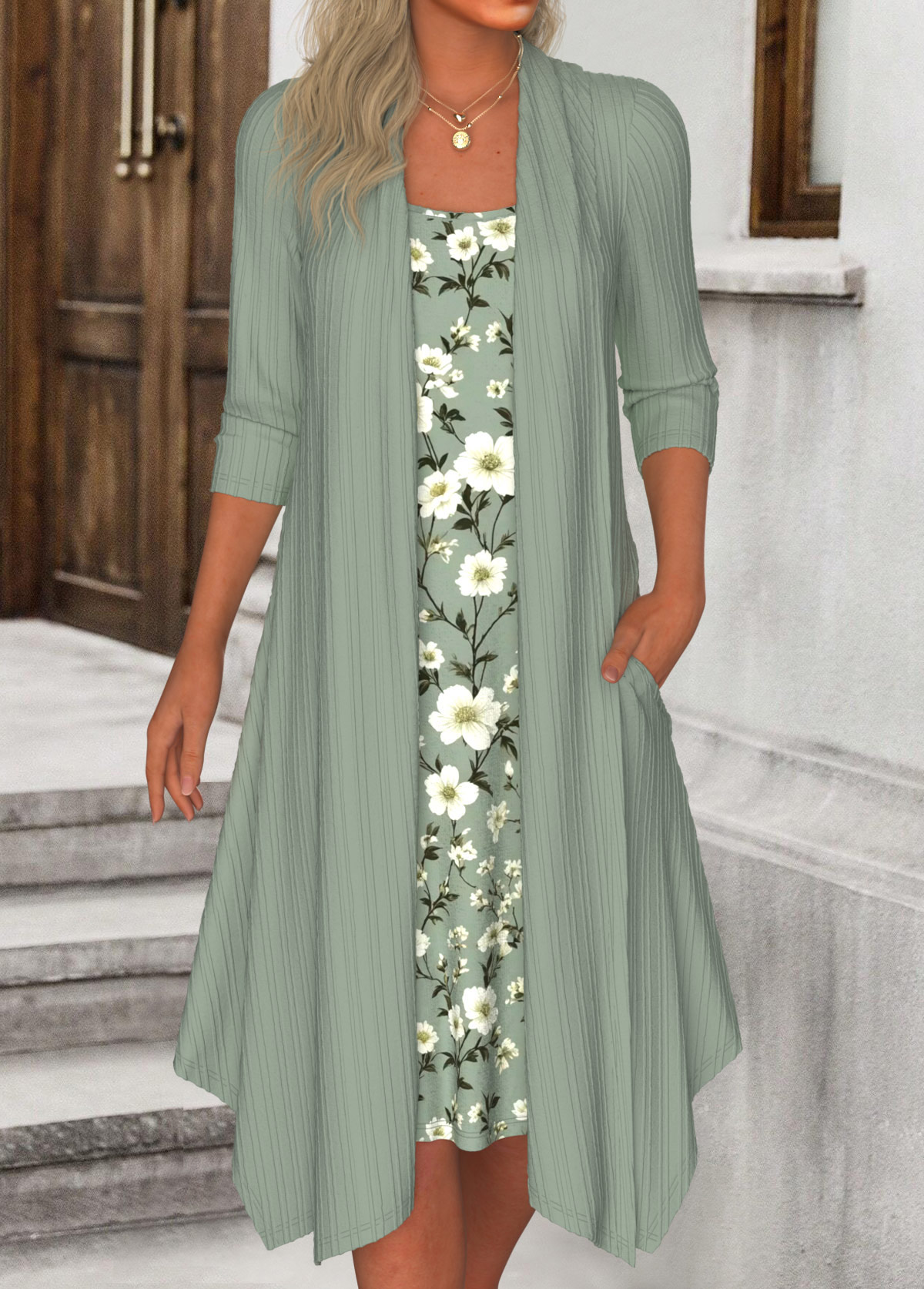 Sage Green plus size,Floral plus size,Plants plus size,ROTITA Plus Size Fake 2in1 Sage Green Floral Print Dress