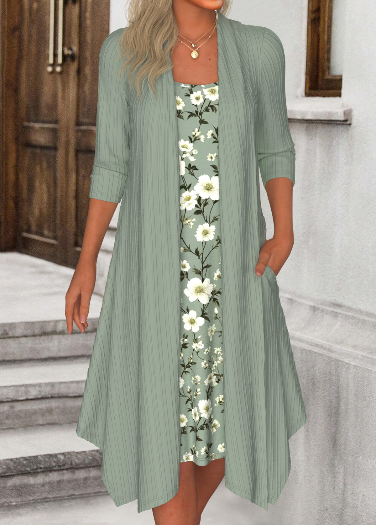 Sage Green plus size,Floral plus size,Plants plus size,ROTITA Plus Size Fake 2in1 Sage Green Floral Print Dress