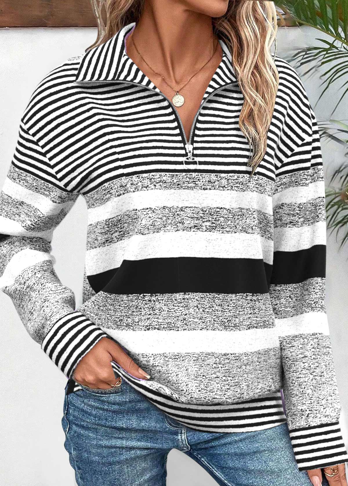 Black tops,Striped tops,Geometric tops,ROTITA Zipper Striped Black Turn Down Collar Long Sleeve Sweatshirt
