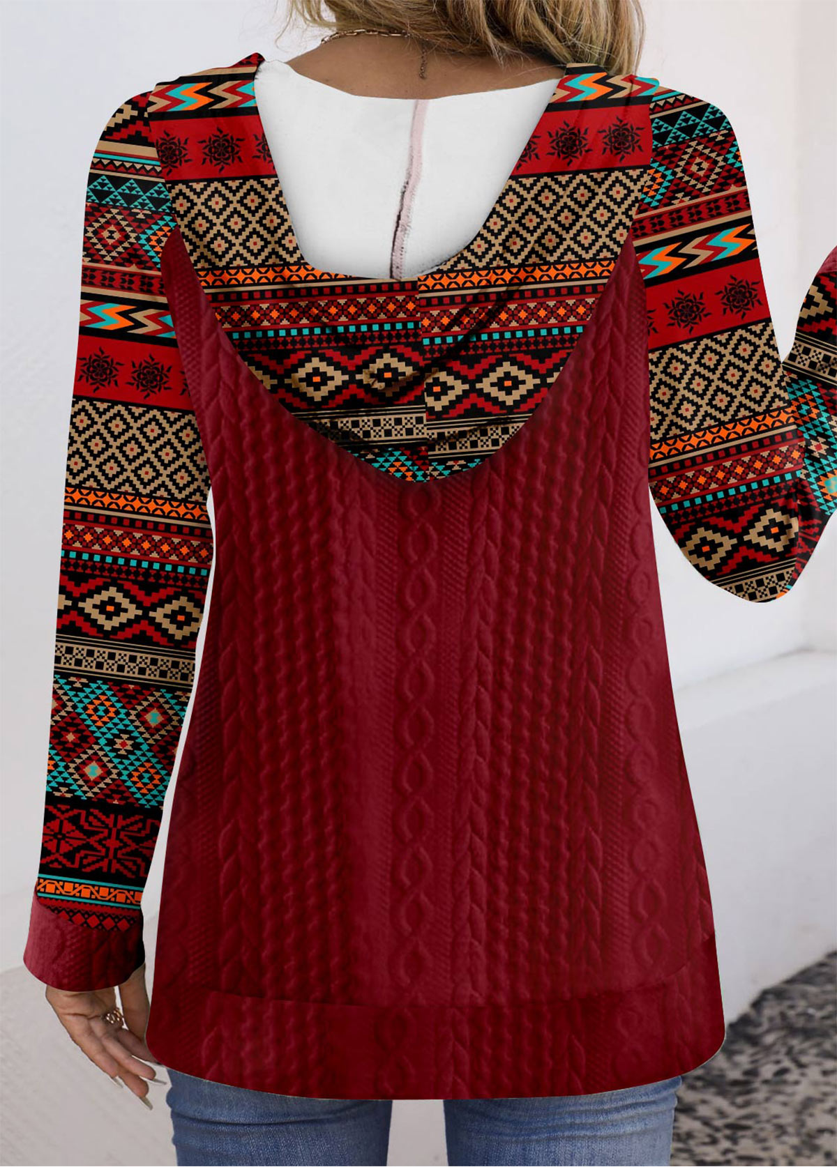 Wine Red plus size,Tribal plus size,ROTITA Plus Size Patchwork Wine Red Tribal Print Hoodie